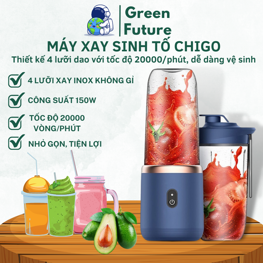 Máy xay sinh tố mini cầm tay đa năng chigo, máy say sinh tố mini sạc tích điện 2 lưỡi , dung lượng pin 1500mah công suất 140w, nhựa plastic cao cấp, máy say sinh tố đa năng mini