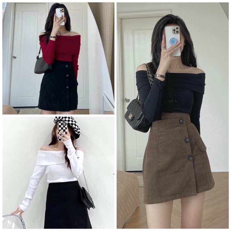 Áo kiểu croptop tay dài phối kiểu trễ vai ôm sexy