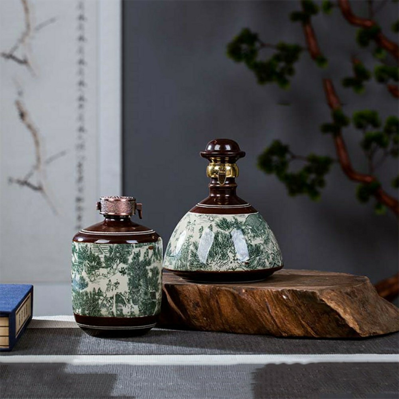 Bình đựng rượu gốm sứ họa tiết phong cảnh Bình ngâm rượu đẹp Bình rượu trang trí nhà cửa Decor Việt