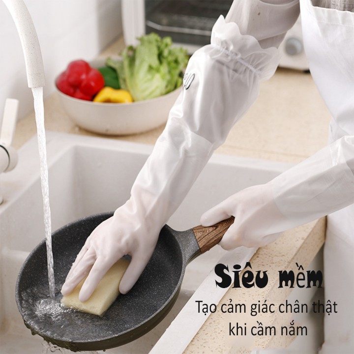 Găng Tay Cao Su Rửa Bát Cổ Cao Siêu Dai Có Chun Chống Tụt , Găng Tay Rửa Bát Cao Su Tiện Ích