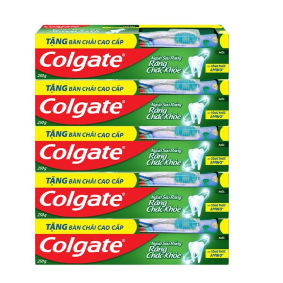 Bộ 5 kem đánh răng Colgate ngừa sâu răng răng chắc khỏe 225g/tuýp tặng bàn chải đánh răng lông tơ nhập khẩu Thái Lan