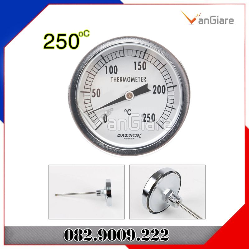 Đồng hồ đo nhiệt độ 250 độ C inox chân sau DAEWON Hàn Quốc chuyên cho lò hơi, lò sấy, lò nướng