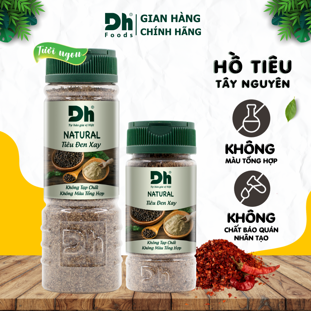 Natural Tiêu Đen Xay Dh Foods hũ 45/80gr - 100% tiêu Tây Nguyên nguyên chất, gia vị ướp thịt cá, trang trí món ăn