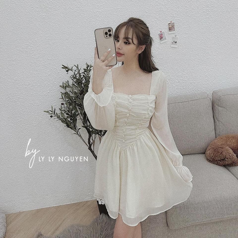 Đầm kate phối tay lưới nhẹ nhàng