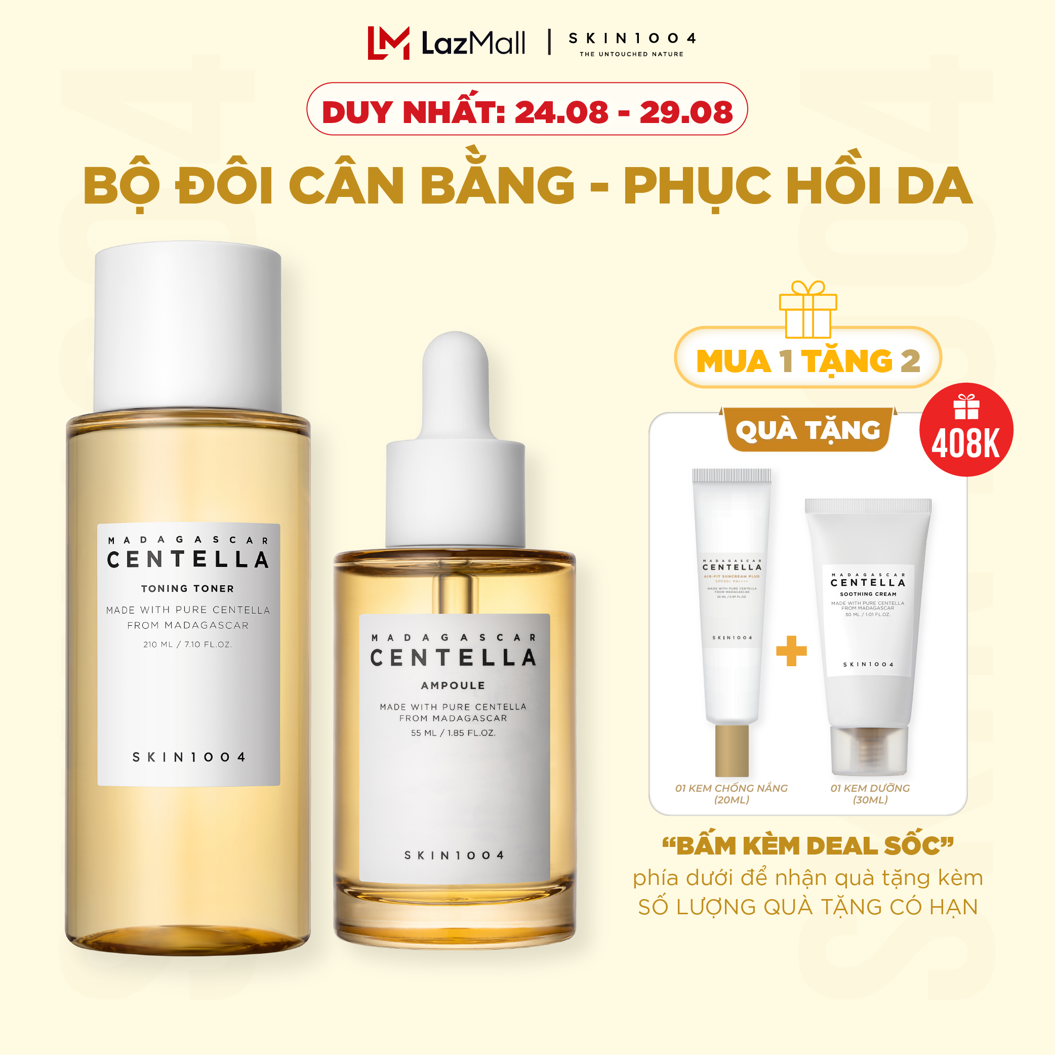 Bộ đôi Skin1004 Madagascar Centella Nước hoa hồng Toning Toner 210ml + Tinh chất Centella Ampoule 55ml
