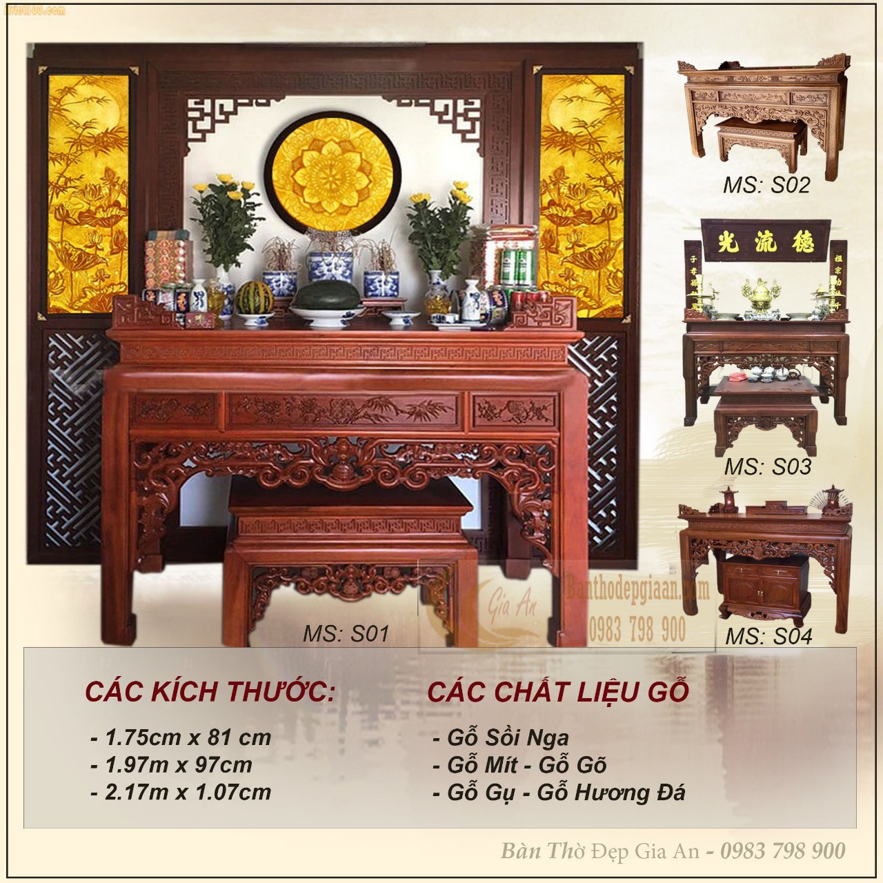Bộ bàn thờ kích thước 1.75m x 89cm, gỗ mít