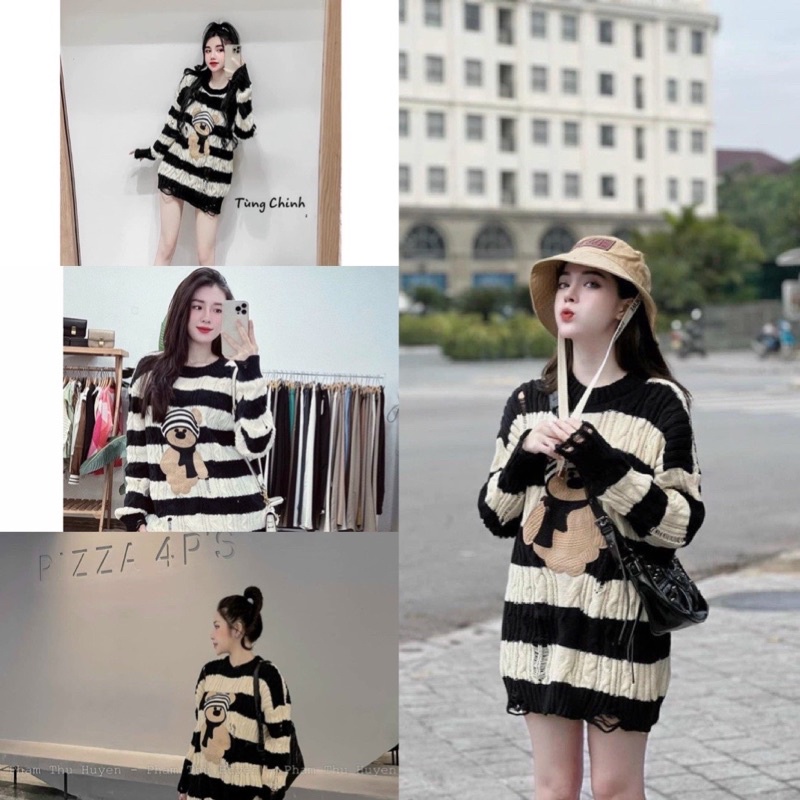 Áo len gấu kẻ ngang cute sang chảnh