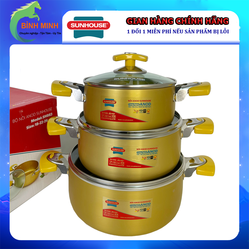 Bộ nồi sunhouse nhôm anod sh8834 3 cái size 18,22,26cm