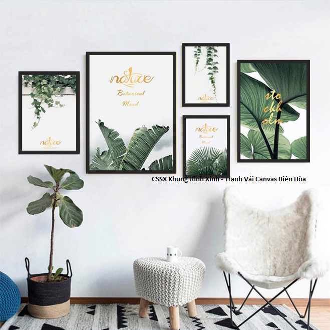 Bộ 5 Khung Tranh Treo Tường Nghệ Thuật In Canvas - Lá nhiệt đới NATURE - Kèm khung