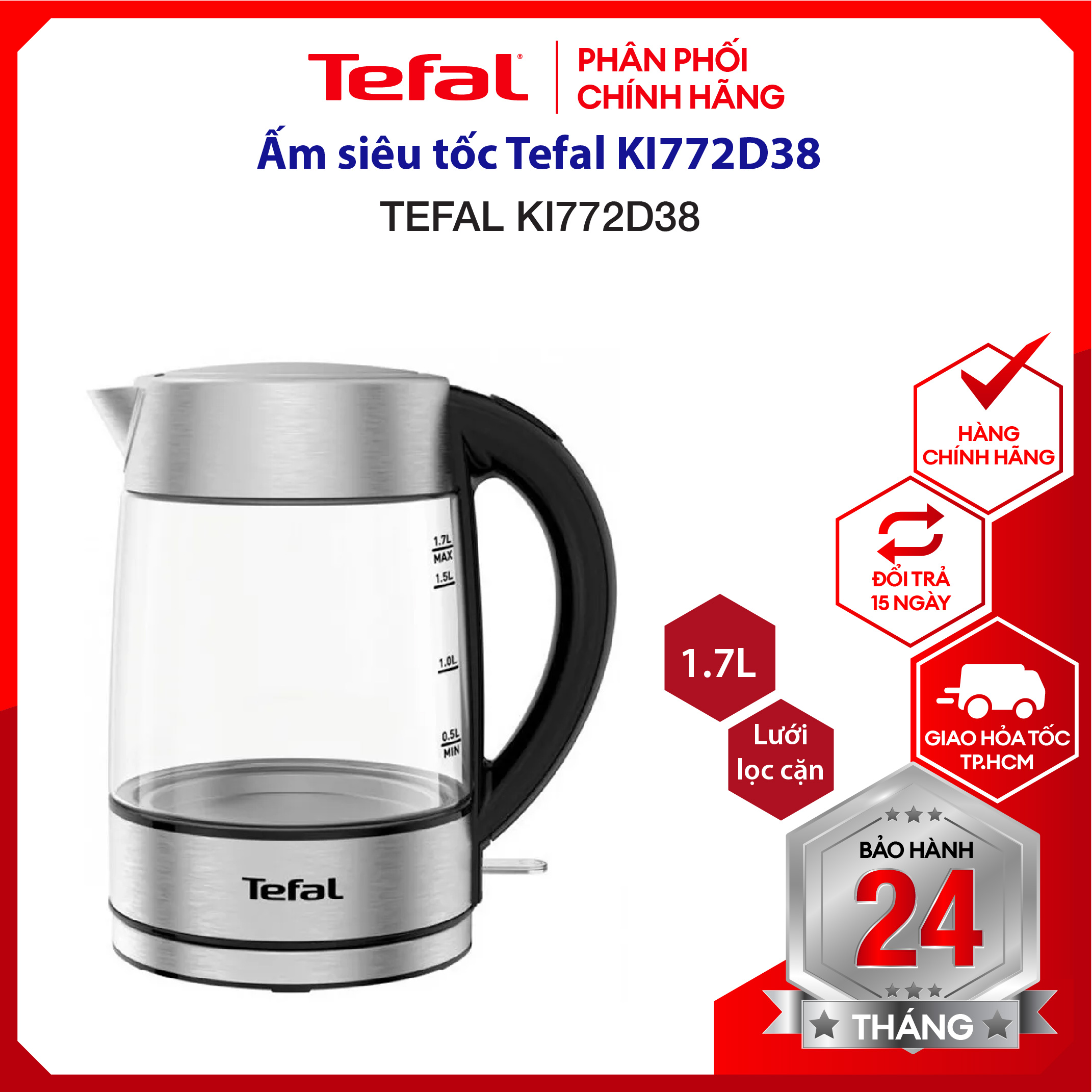 |hỏa tốc 2h| ấm siêu tốc tefal ki772d38 - - 2400w, 1.7l, thủy tinh -bảo hành 2 năm