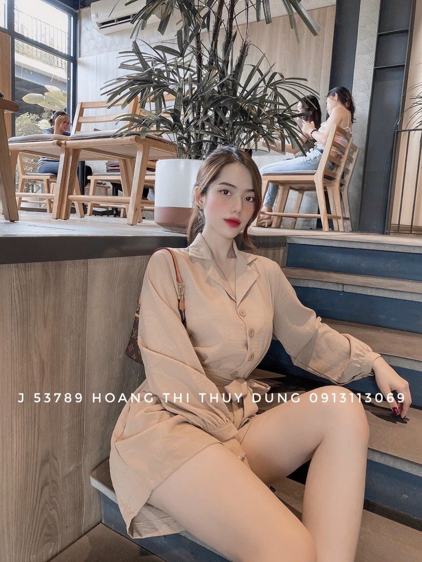 Jum nữ quần đùi ngắn có túi tiện lợi, áo sơ mi tay dài cài nút, thắt nơ ở eo,mặc đi chơi, đi dạo phố sang chảnh, kèm ảnh thật