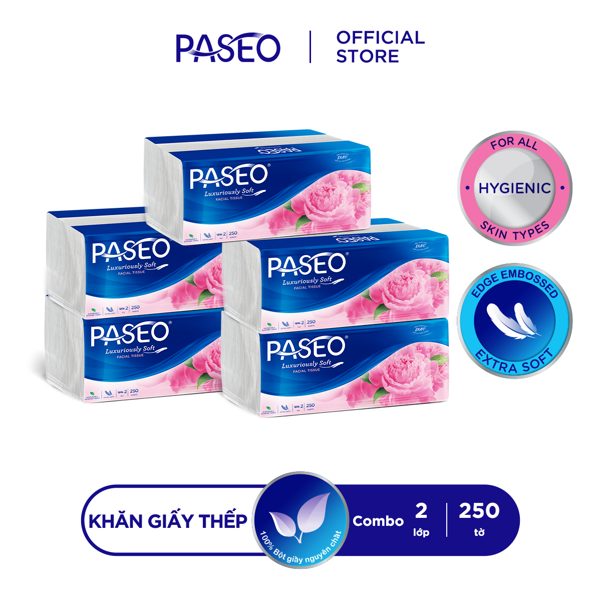 Combo 5 gói khăn giấy rút cao cấp Paseo dai, mềm mịn (250 tờ 2 lớp)/gói