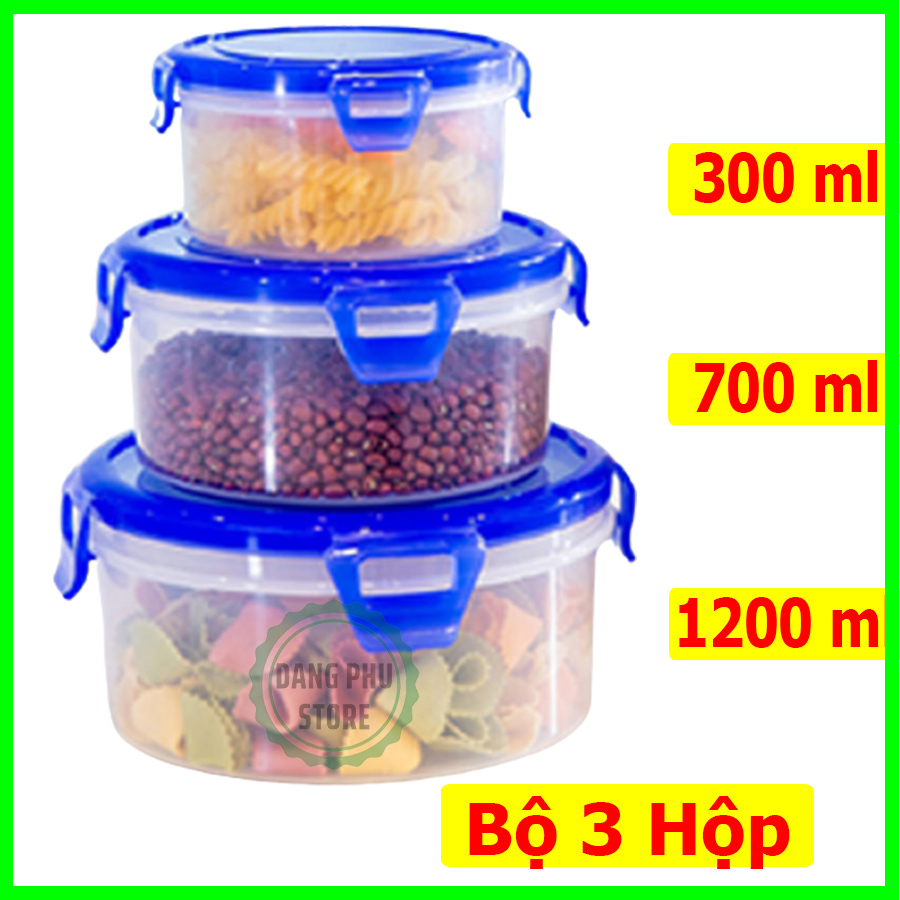 Bộ 3 hộp nhựa đựng thực phẩm cao cấp dung tích 300ml 700ml 1200ml có nắp khóa chắc chắn- HCC-010203
