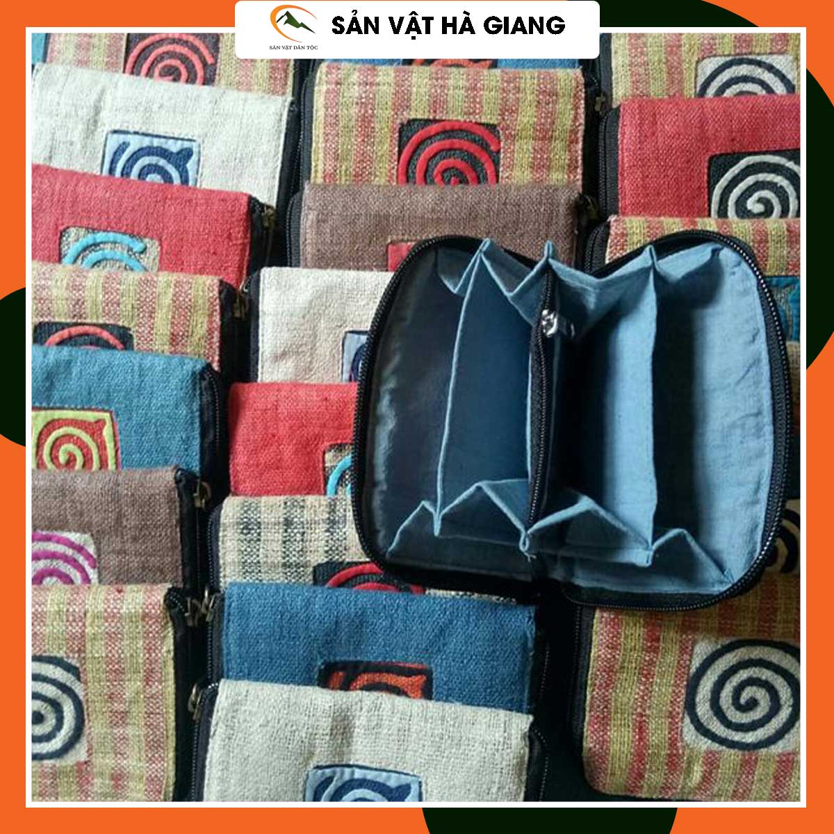Ví nữ mini nhiều ngăn nhỏ gọn 13x10cm chất liệu thổ cẩm vải lanh Lùng Tám, họa tiết thiêu tay thích hợp đựng tiền, thẻ.