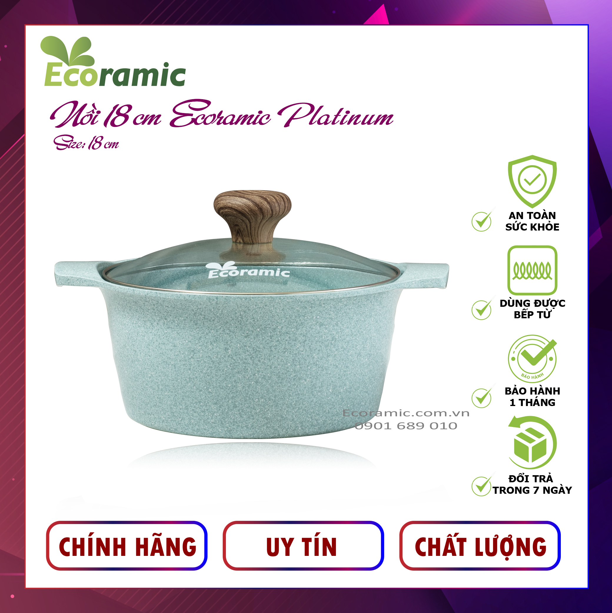 Nồi Vân Đá Đáy Từ Ecoramic Platinum Cao Cấp Chính Hãng, Chống Dính, Siêu Bền, Dùng được bếp từ , Bảo hành 2 tháng