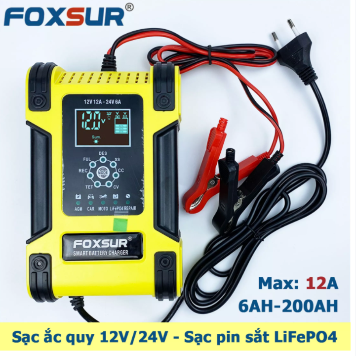 Sạc ắc quy 12V12A-24V6A , từ 6Ah - 200Ah FOXSURE 12A sạc nhiều loại, tự ngắt khi đầy, khử sunfat giúp ắc quy bền hơn