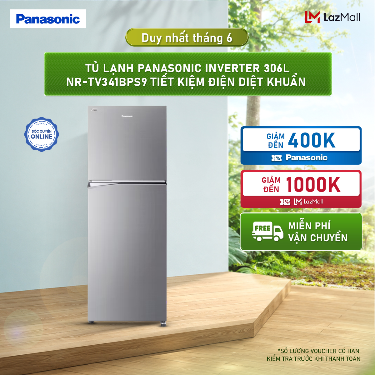 Tủ lạnh Panasonic Inverter 306L NR-TV341BPS9 Tiết kiệm điện diệt khuẩn