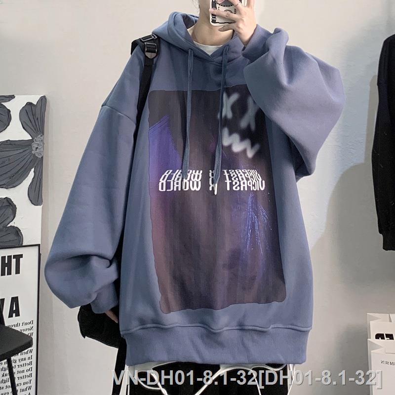 ▨ DH01-8.1-32 Áo Hoodie Trơn Basic Xám Chì Ulzzang Retro khói xanh in Unisex Form Rộng