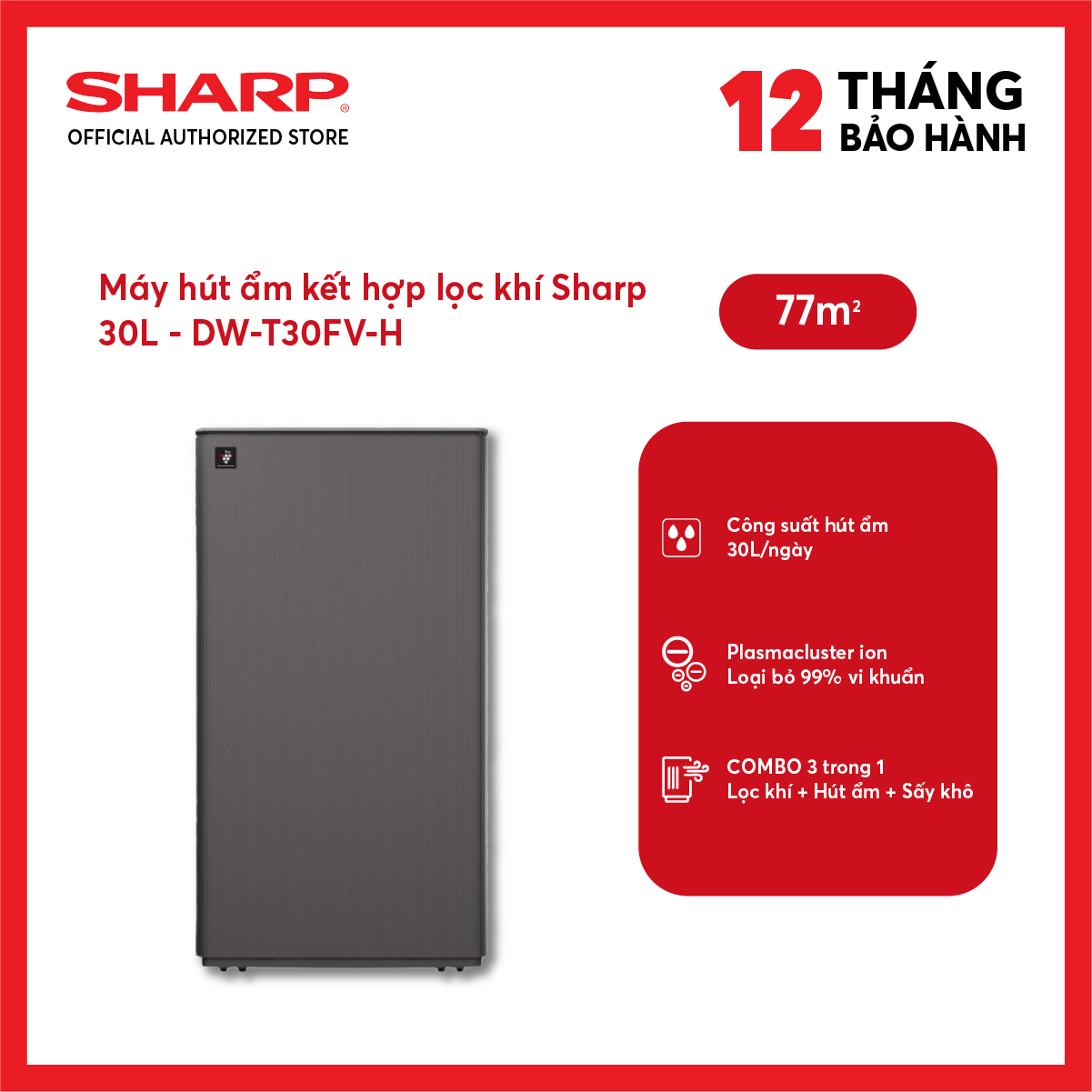 Máy lọc không khí và hút ẩm Sharp DW-T30FV-H (77m²/30lít)