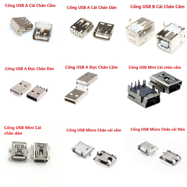 Gói 5 cổng usb a cái chân cắm, chân dán, usb a đực, usb b cái cắm, usb mini, usb micro cái căm, dán