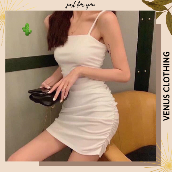 Váy đầm thun hai dây ôm body nhún sườn sexy