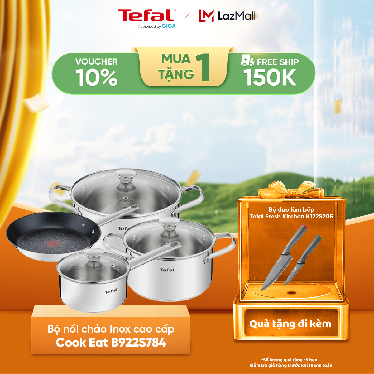 [SIÊU GIẢM GIÁ] Bộ nồi chảo inox cao cấp Tefal Cook Eat B922S784 - Sử dụng được tất cả các loại bếp, chảo chống dính, nồi quai cầm cách nhiệt -  BH 2 năm chính hãng
