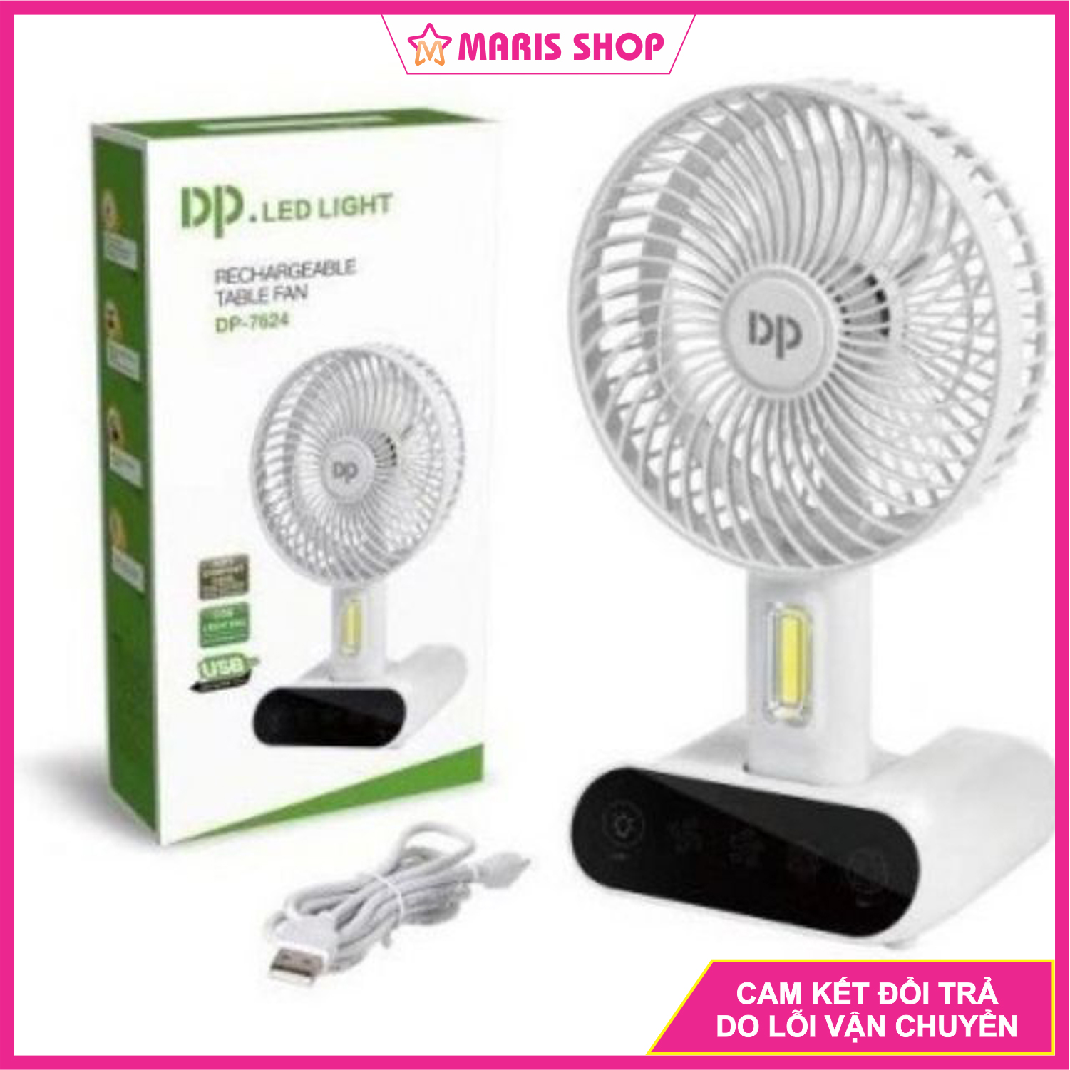 [DP-7624] Quạt Sạc Tích Điện Có Đèn - Gấp Gọn - Kéo Cao