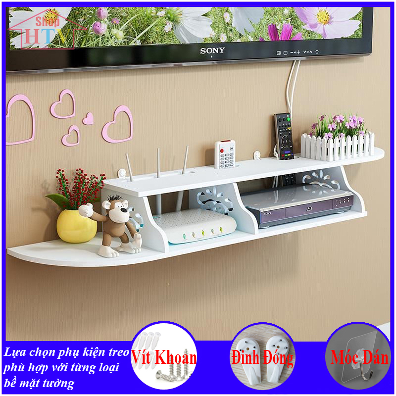 kệ wifi treo tường 2 tầng, kệ trang trí tivi, đặt đầu thu kỹ thuật số, ổ cắm điện, đồ trang trí