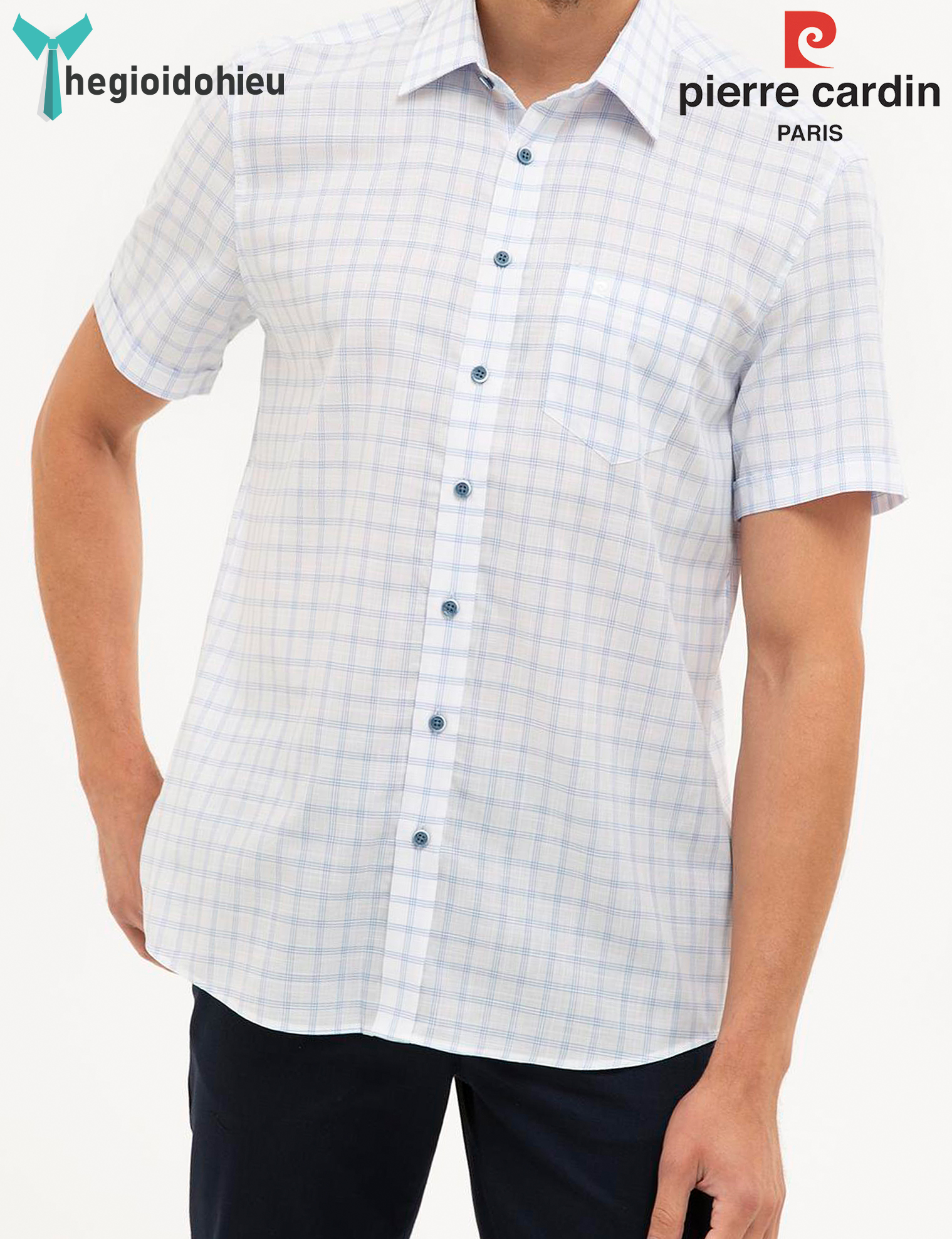 (Mẫu Mới 2024) Áo sơ mi nam ngắn tay Pierre Cardin PCShirt84 (Trắng caro nhạt) - Hàng nhập khẩu - Có túi