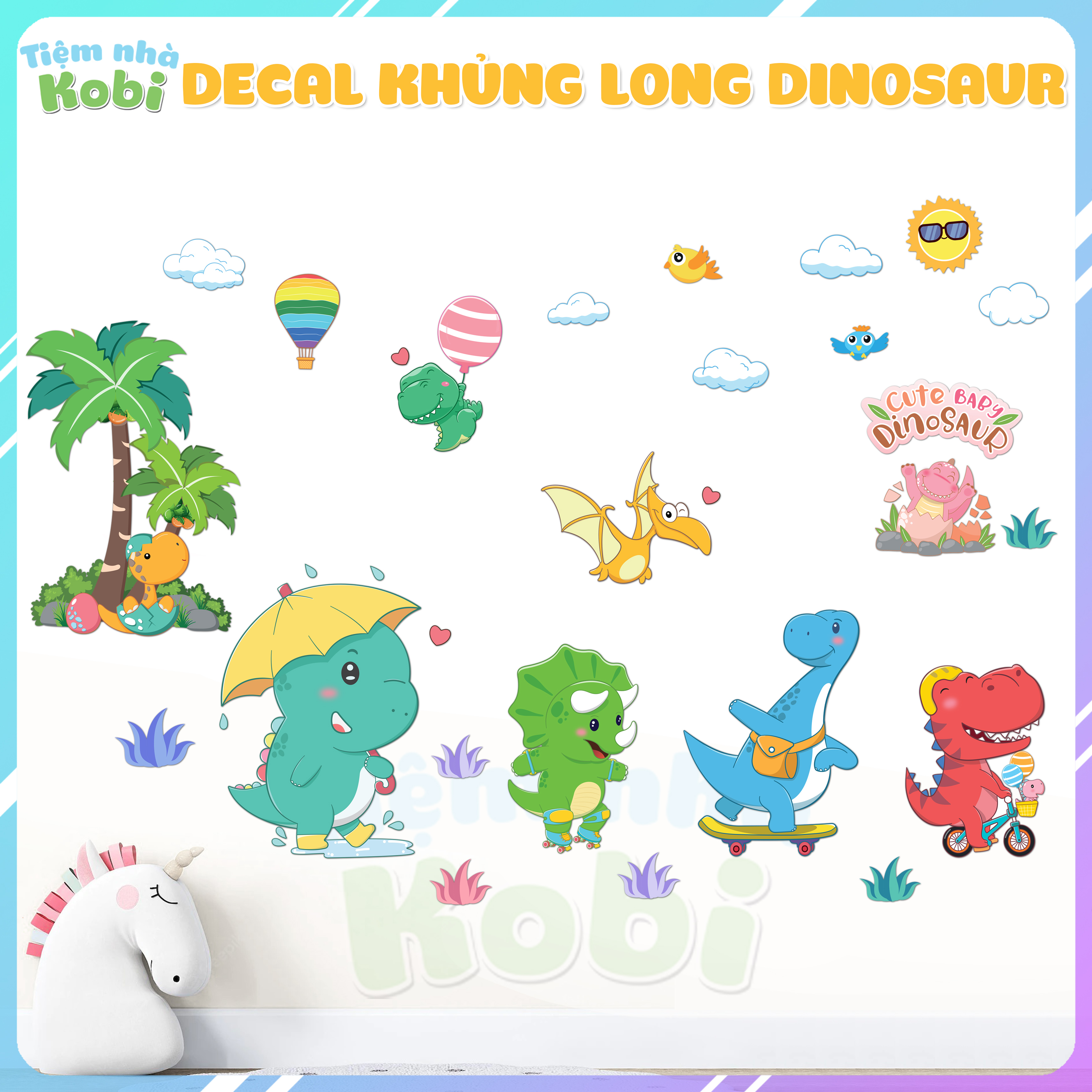 Decal dán tường cho bé - tranh dán tường khủng long dino