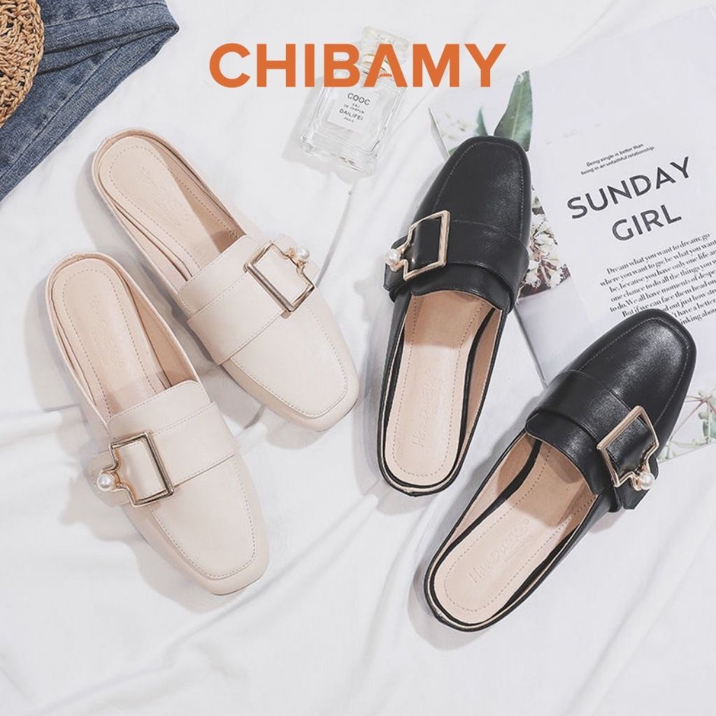 Sục Nữ đế bệt gắn khuy đính ngọc, Sục thời trang nữ da mềm mũi vuông nhẹ nhàng nữ tính