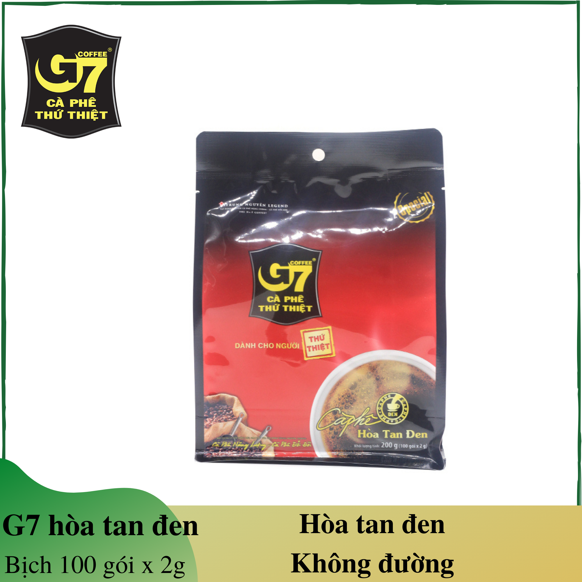 Cà Phê G7 Hòa tan Đen - Không Đường - Bịch 100 gói 2g - Cafe Hoà Tan
