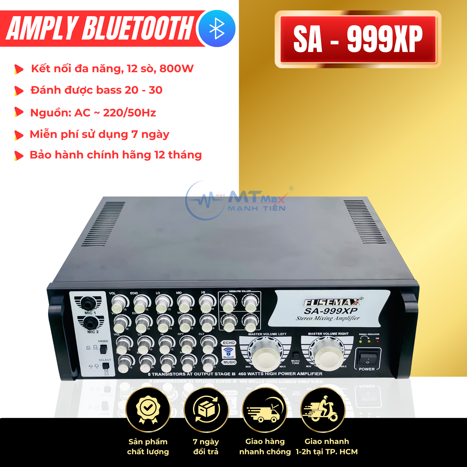 [SIÊU PHẨM CẬP BẾN - ƯU ĐÃI CỰC LỚN] Amply Bluetooth SA 999XP - Âm ly karaoke 12 sò, 4 tụ nguồn lớn Đánh Được Cặp Loa 2 Tấc, 3 Tấc, Công Suất Mạnh Mẽ 800W, Cho Âm Thanh Đỉnh Cao, Bảo Hành 12 Tháng