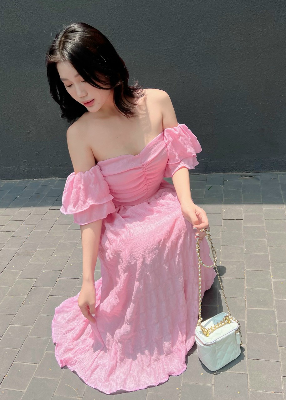 Đầm váy nữ xốp trễ vai nhún ngực