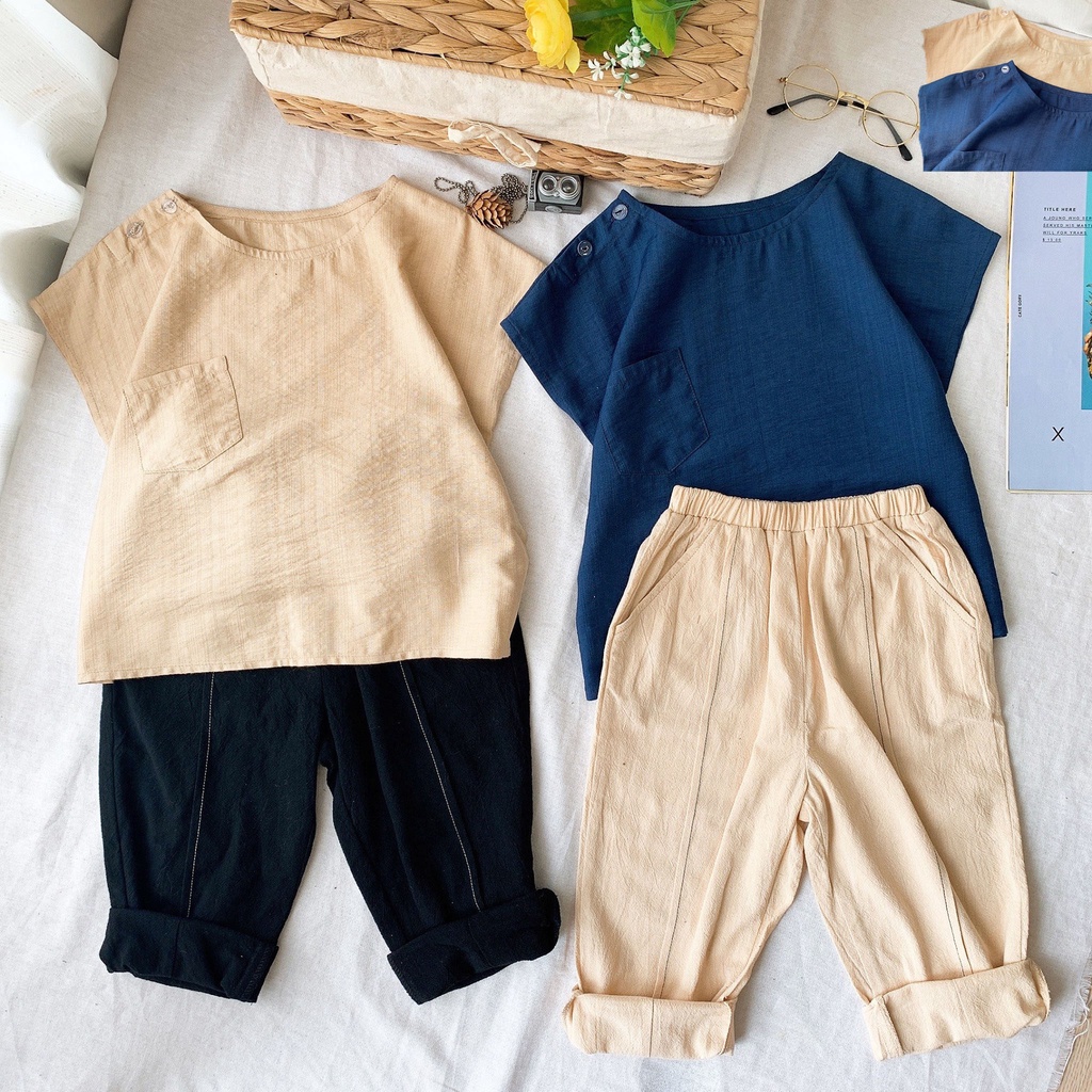 Bộ quần áo bé trai, bộ áo bé trai đũi tơ có cúc quần thô muji - dhk871