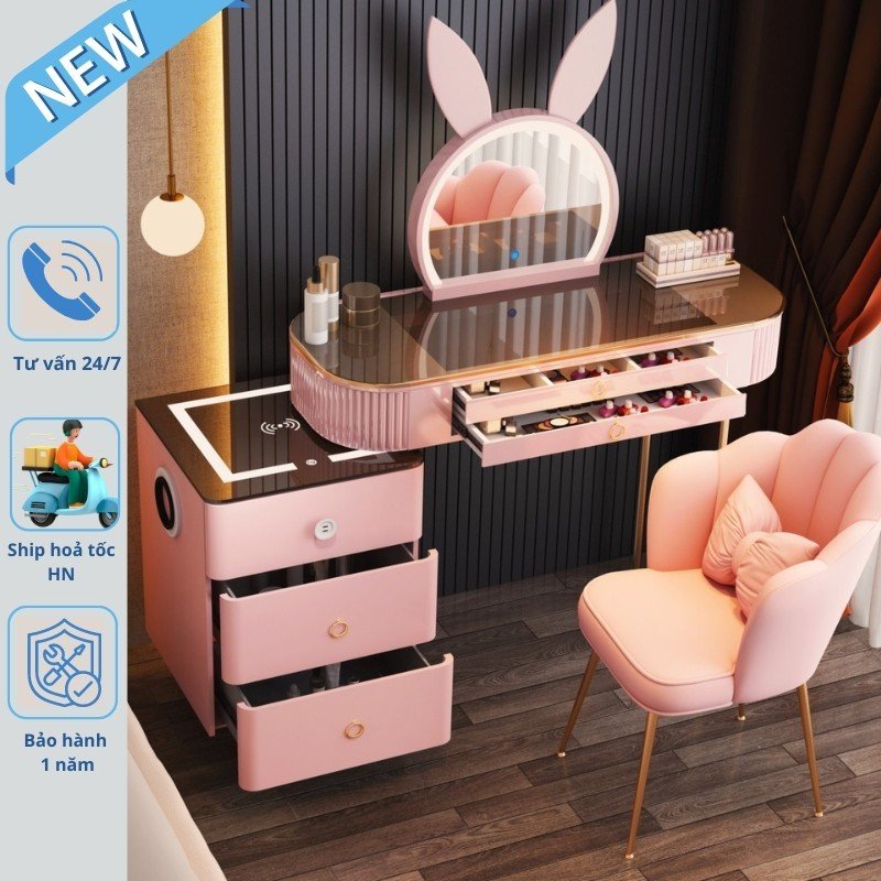 Bàn trang điểm đẹp màu hồng có sạc thông minh và gương tai thỏ dễ thương, Bàn trang điểm có đèn LED hiện đại phong cách Bắc Âu BTD033