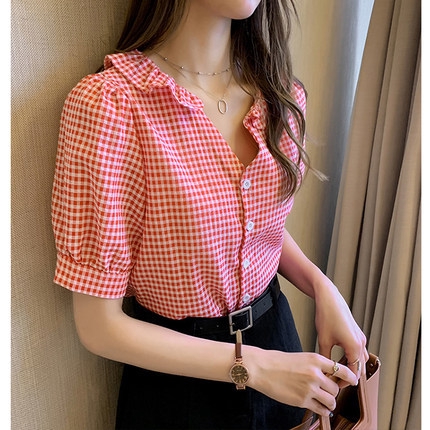 Áo sơ mi sọc caro cổ sen tay ngắn