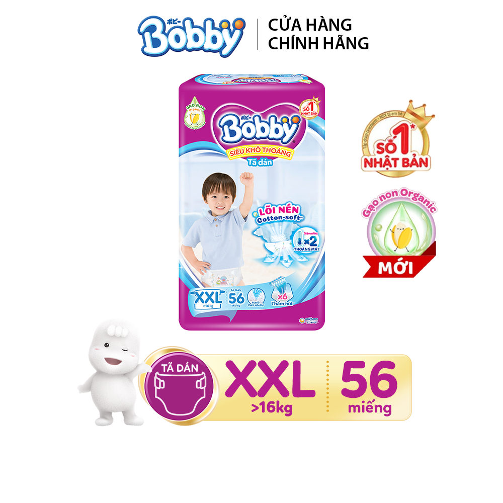 Tã dán bobby gạo non siêu khô thoáng - m76/l68/xl62/xxl56
