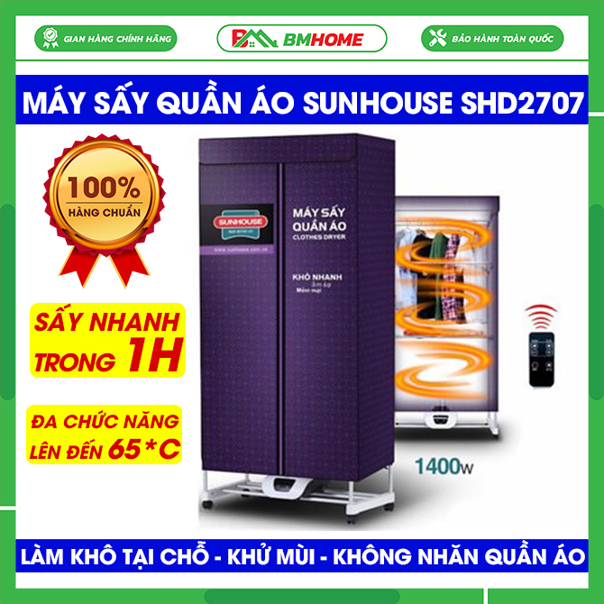 Máy sấy quần áo Sunhouse SHD2707 có điều khiển - Tủ sấy quần áo đa năng có thể đựng đồ, khử mùi tốt - May say quan ao, tu say quan ao Bảo hành 12 tháng