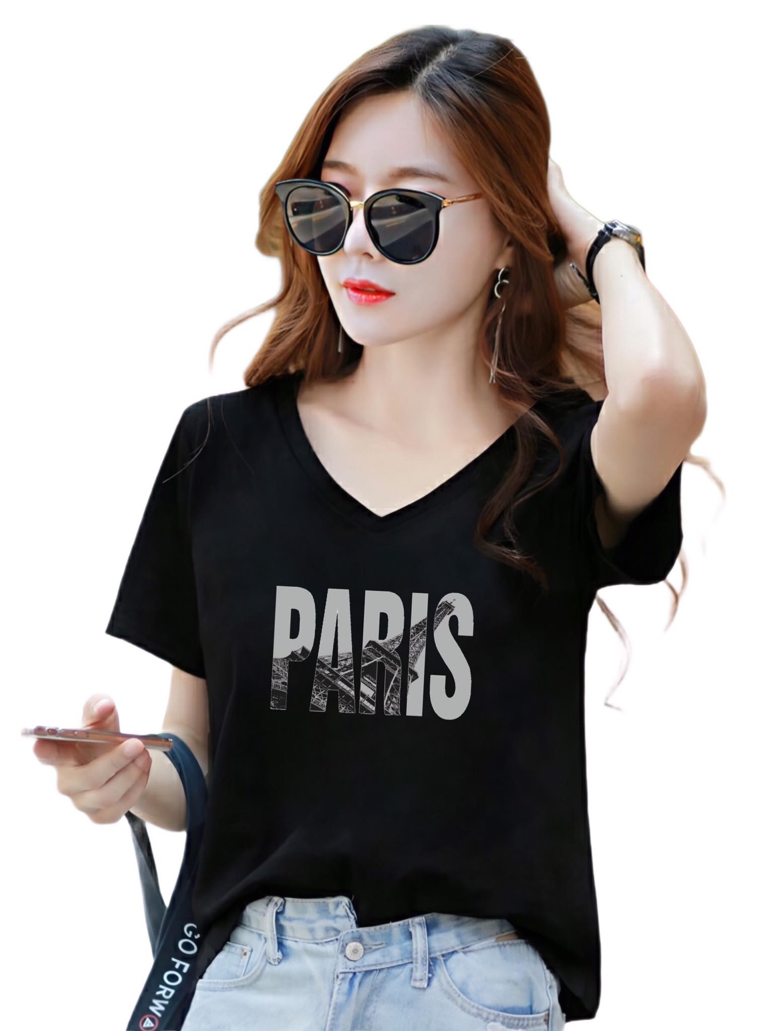 Áo phông nữ , áo thun nữ cổ tim form rộng cotton 4 chiều in chữ ( ANU202)