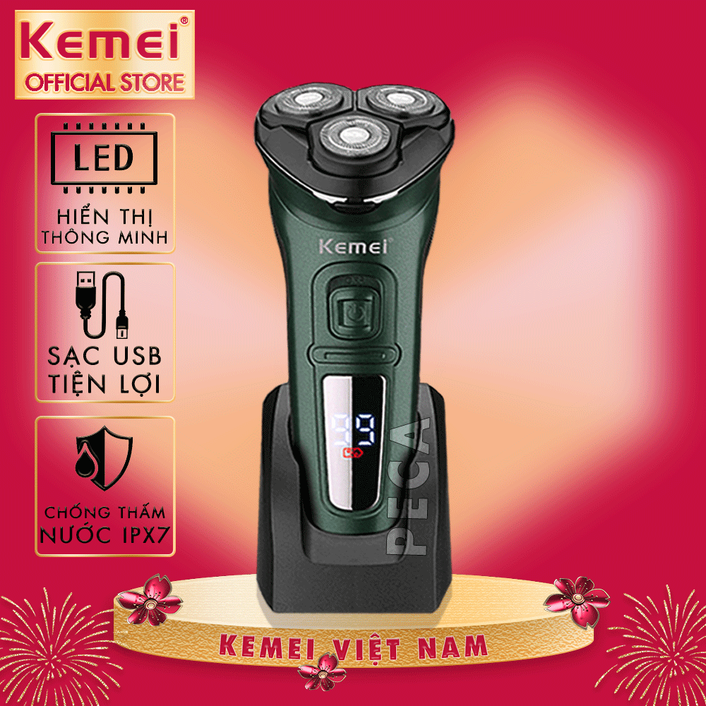 Máy cạo râu khô và ướt KEMEI KM-2805 chống thấm nước IPX7 công suất mạnh 5W sạc nhanh USB màn hình LED hiển thị pin - Hàng chính hãng