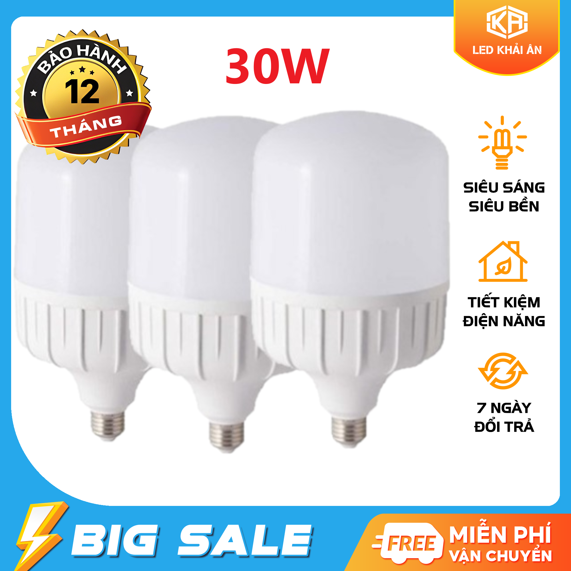 SỉBộ 3 bóng đèn led 30W tiết kiệm điện. Bảo hành 12 Tháng Lỗi đổi mới Tiết kiệm điện hơn so với các loại bóng compact