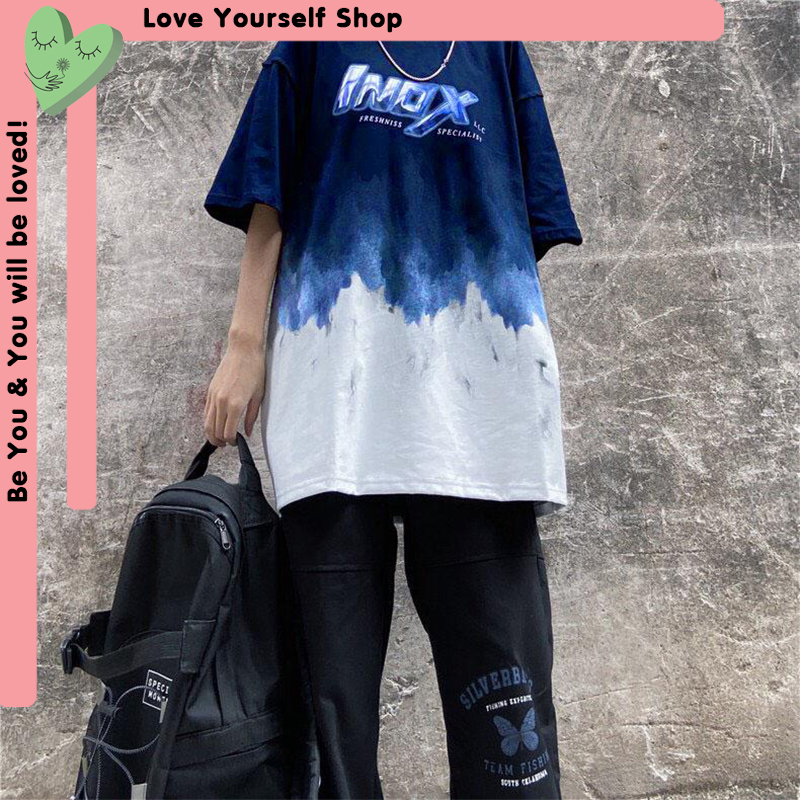 [HCM][Có ảnh thật] Áo thun tay lỡ form rộng unisex loang màu xanh trắng