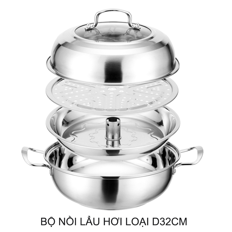 Bộ nồi lẩu hơi, nồi hấp đa năng D32 bằng inox dùng được cho bếp từ, đáy 3 lớp A1028D32