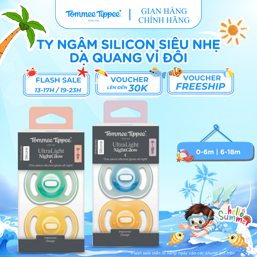 Ty Ngậm Silicone Siêu Nhẹ Dạ Quang Ultra Light NightGlow Cho Bé Tommee Tippee 0-6, 6-18 Tháng (Vỉ Đôi)