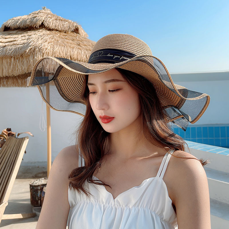 Mũ cói rộng vành lượn sóng vành 14cm thắt nơ cói mềm thuận tiện gấp gọn bỏ balo