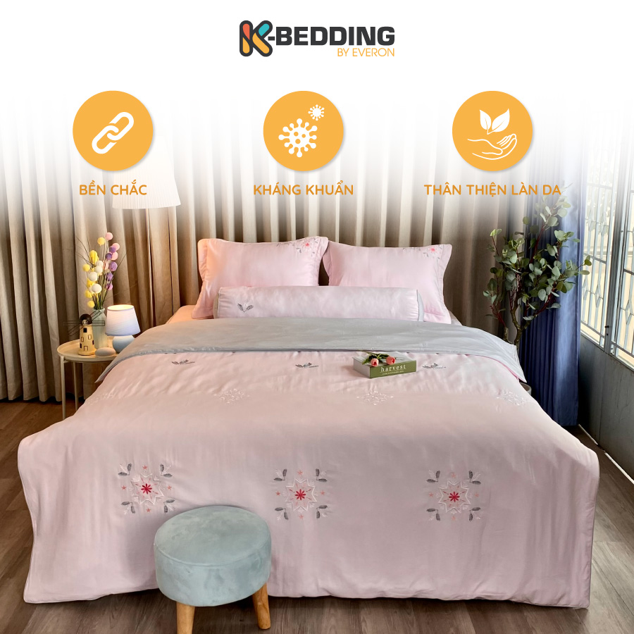 Bộ ga giường chun chần K-Bedding by Everon KMTS 101 Hồng phối Xám - Chất liệu cao cấp MicroTencel nhập khẩu Hàn Quốc, thoáng nhẹ không bai xù (KHÔNG GỒM CHĂN)
