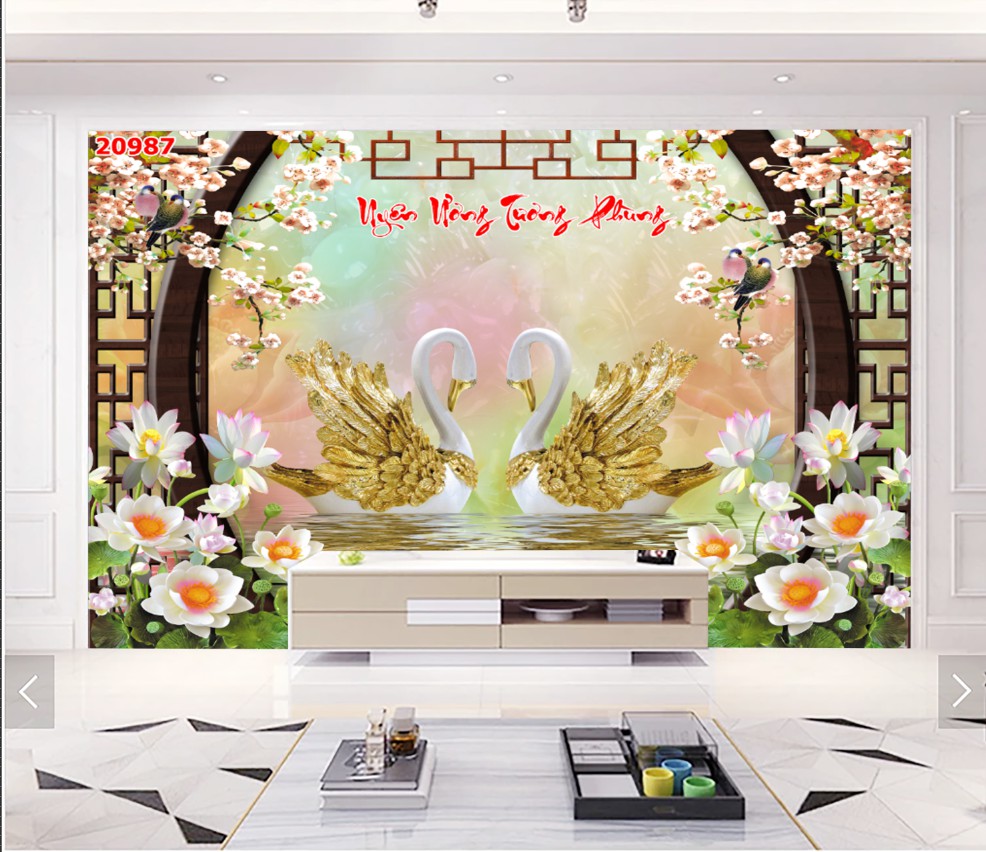 Tranh dán tường thiên nga bông hoa 3d trang trí nhà cửa phòng khách phòng ngủ giá rẻ đẹp chất liệu decal pp keo sẵn bóc dán PA