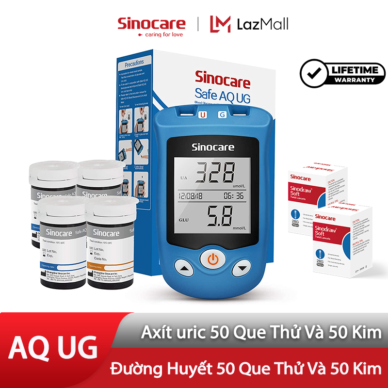 Sinocare Máy Đo Đường Huyết Và Axid Uric ( Gút) 2 Trong 1 Safe AQ UG Kèm 50 Que Thử Và 50 Kim