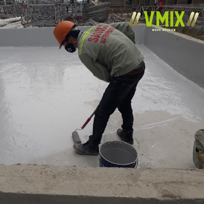 Sơn chống thấm sàn mái bê tông đàn hồi gốc polyurethane cho sân thượng,ban công,hồ bơi,vệ sinh,tường tầng hầm.Vmixeco
